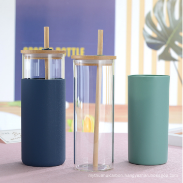 Silicone Sleeve Glass Water Cup With Bamboo Lid